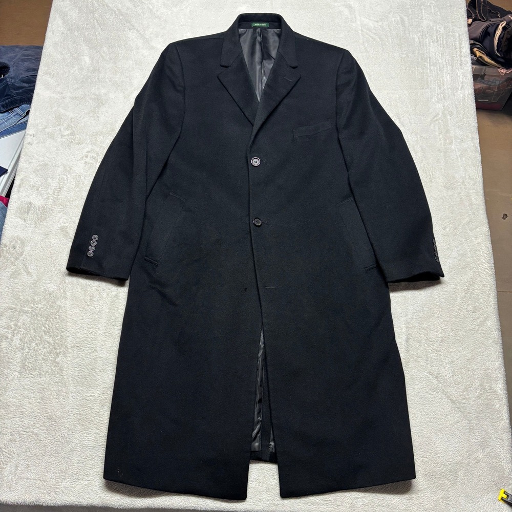 Lauren Ralph Lauren Overcoat Mens 42L Solid Black Wool Cashmere Trench Coat